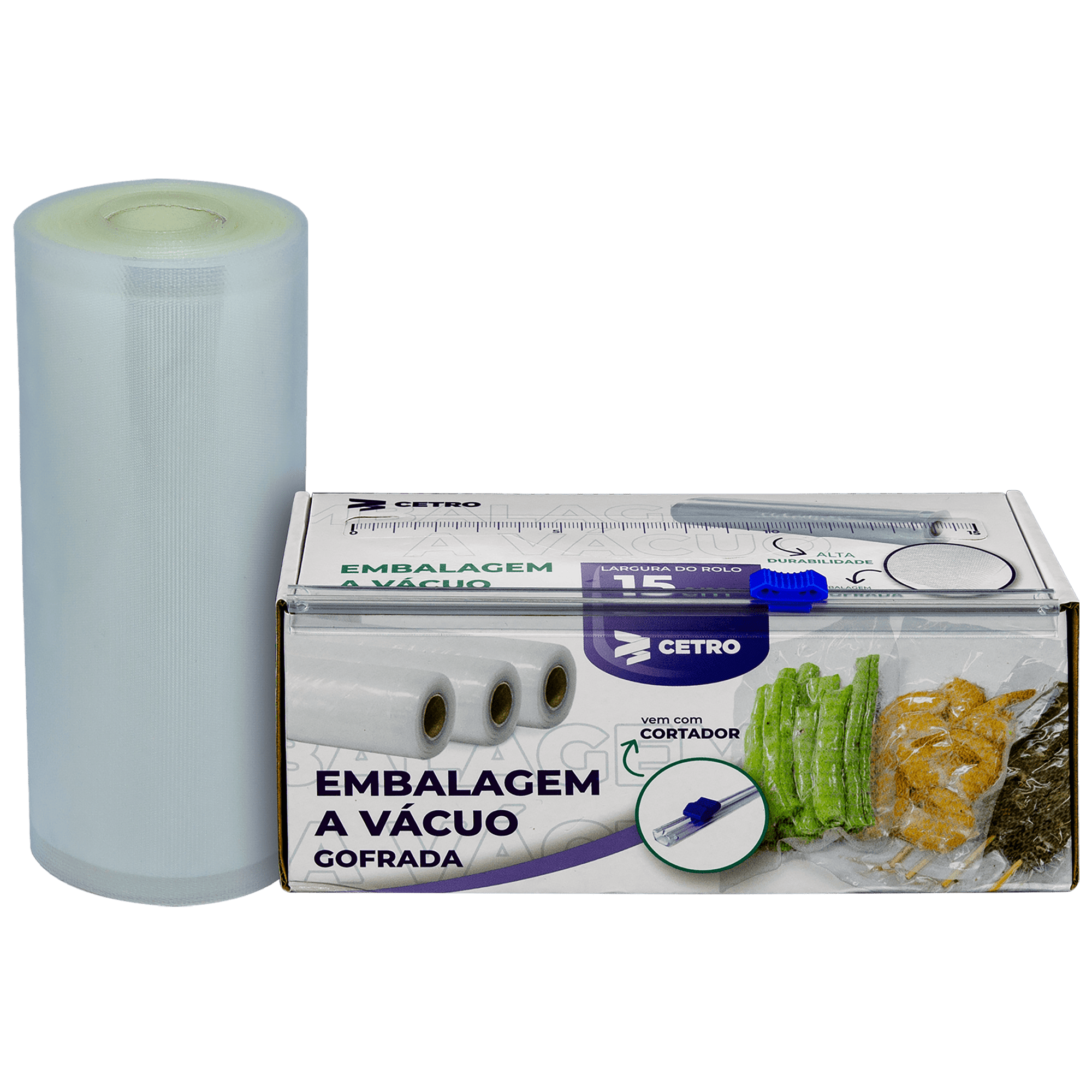 Embalagem a Vácuo 15x500cm Gofrada Transparente em Rolo e Caixa com Cortador - imagem 1