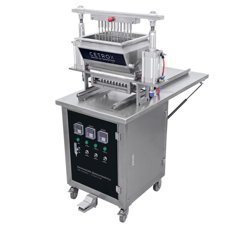 Envasadora-Semiautomatica-com-20-Bicos-para-Producao-de-Gummy-com-Plataforma-e-Bandejas-de-Secagem-CSFM-G-30