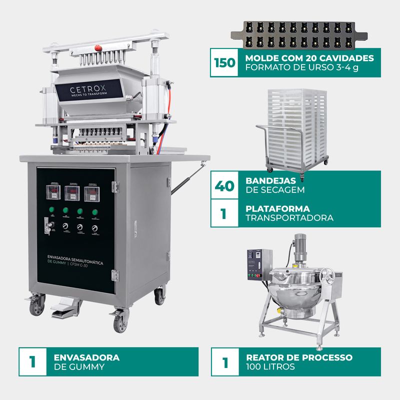 Envasadora-Semiautomatica-com-20-Bicos-para-Producao-de-Gummy-com-Plataforma-e-Bandejas-de-Secagem-CSFM-G-30