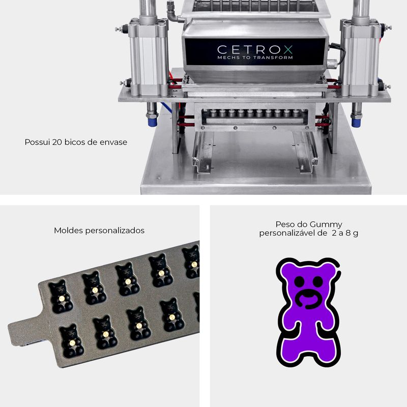 Envasadora-Semiautomatica-com-20-Bicos-para-Producao-de-Gummy-com-Plataforma-e-Bandejas-de-Secagem-CSFM-G-30