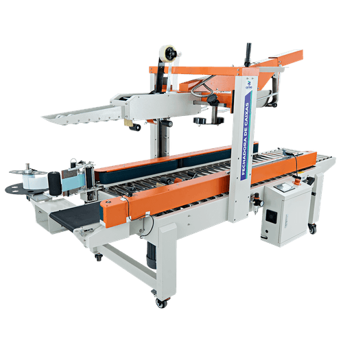 Fechadora de Caixas com Dobra de Abas Automática e Aplicador de Etiquetas Lateral CSSM BS-5050 AF SLA
