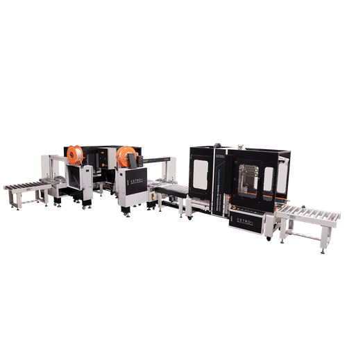 Linha Automática de Fechamento de Caixas com Arqueadora e Virador Integrado com NR12